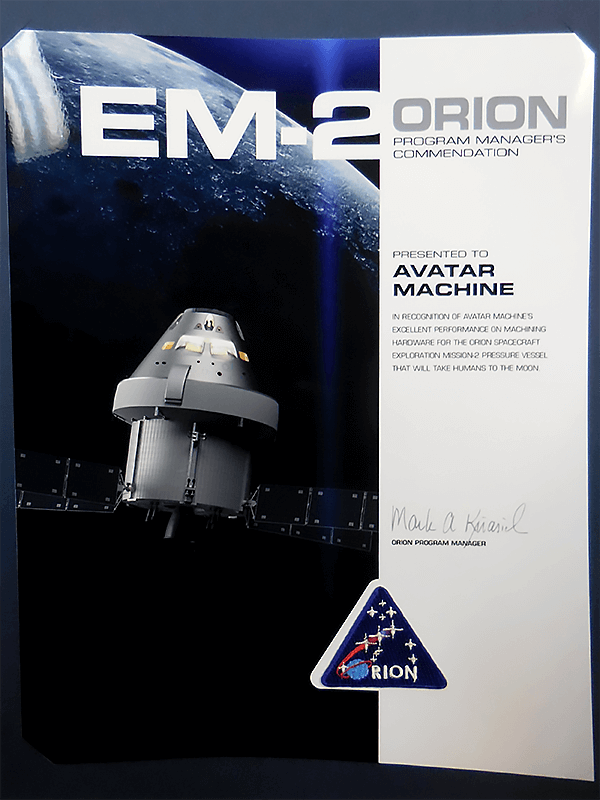 Orion program commendation certificate with spacecraft.